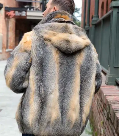 Mens Cross Fox Fur Beige Grey Shaded Bomber Jacket