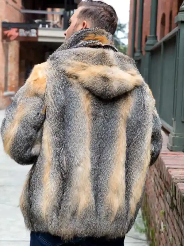 Mens Cross Fox Fur Beige Grey Shaded Bomber Jacket