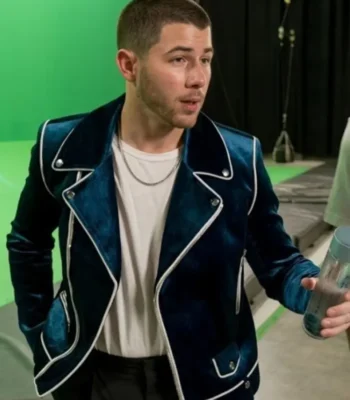 Power Ballad Nick Jonas Blue Velvet Biker Jacket