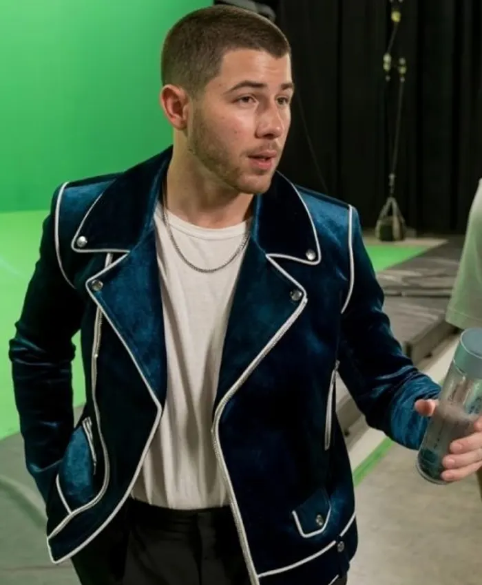 Power Ballad Nick Jonas Blue Velvet Biker Jacket Power Ballad Nick Jonas Blue Velvet Biker Jacket