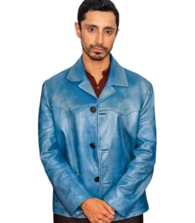 Riz Ahmed Relay Blue Distressed Leather Jacket