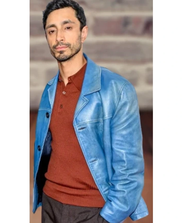 Riz Ahmed Relay Blue Distressed Leather Jacket Riz Ahmed Relay Blue Distressed Leather Jacket