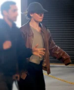 Lily James Relay Brown Leather Jacket