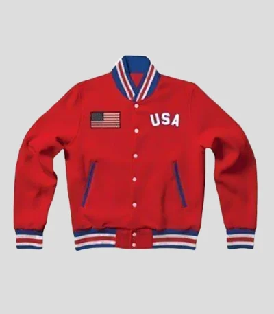United States Flag Red Letterman Bomber Jacket