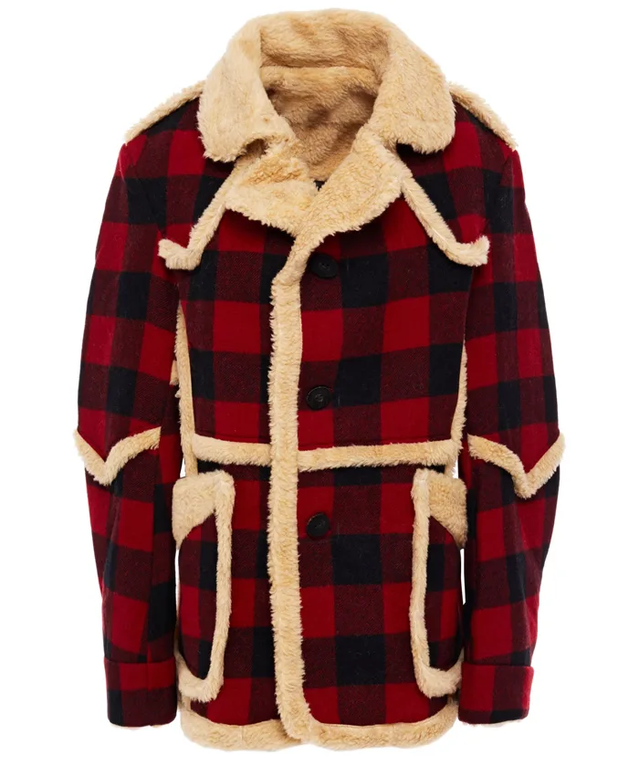 Walker Cotton Shearling Fur Red Plaid Shirt Jacket Walker Cotton Shearling Fur Red Plaid Shirt Jacket
