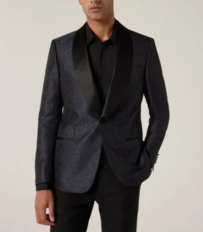 David Style Navy Blue Printed Tuxedo For Mens