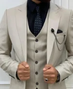 Mens 3 Piece Wedding Beige Suit