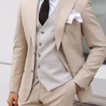 Men’s Beige 3 Piece Slim Fit Suit For Wedding
