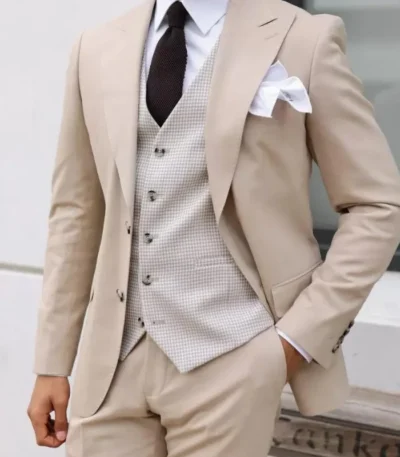 Men’s Beige 3 Piece Slim Fit Suit For Wedding
