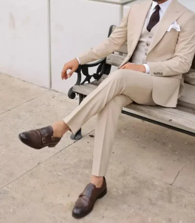Men’s Beige 3 Piece Slim Fit Suit For Wedding