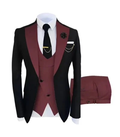 Men’s Wedding Style Burgundy 3 Piece Suit