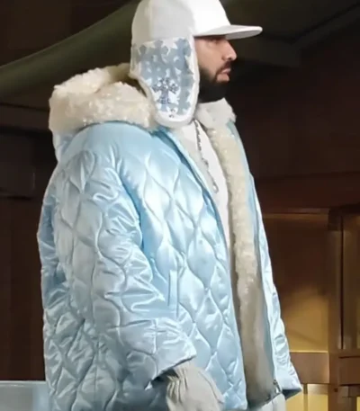 Toronto ICEMAN Video Shoot Drake Blue Quilted Jacket