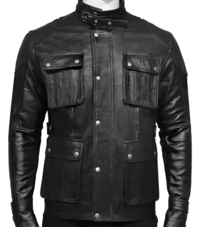 4 Pockets Black Leather Jacket
