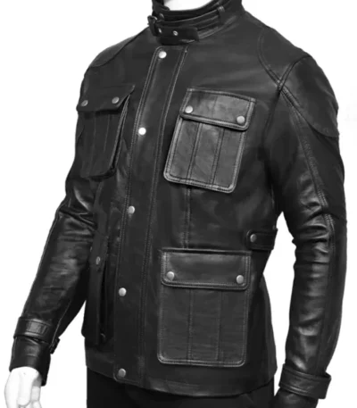 4 Pockets Black Leather Jacket