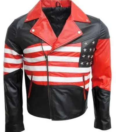 American Flag Lapel Style Collar Red & Black Leather Jacket