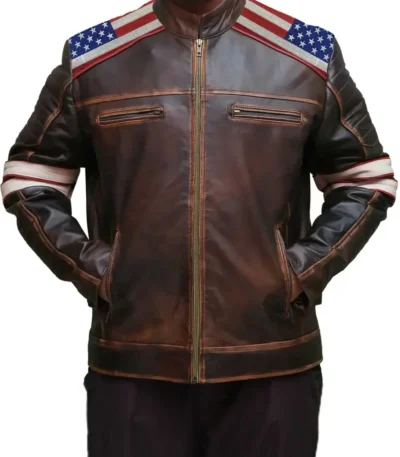 American Flag Shoulders Brown Leather Jacket