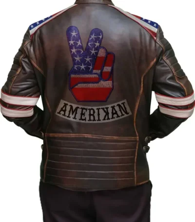 American Flag Shoulders Brown Leather Jacket
