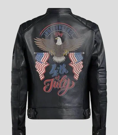 Bald Eagle USA Flag Printed Black Leather Jacket