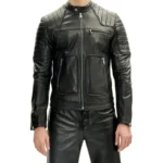Black Cafe Racer Leather Jacket with Double Zipper