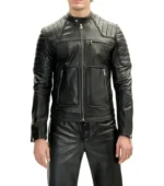 Black Cafe Racer Leather Jacket with Double Zipper