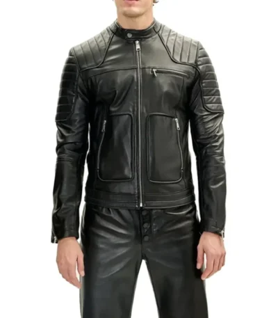 Black Cafe Racer Leather Jacket with Double Zipper