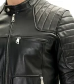 Black Cafe Racer Leather Jacket with Double Zipper