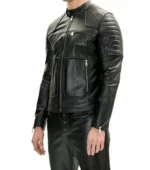 Black Cafe Racer Leather Jacket with Double Zipper