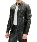 Black Cafe Racer Leather Jacket with Double Zipper