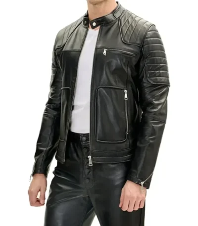 Black Cafe Racer Leather Jacket with Double Zipper