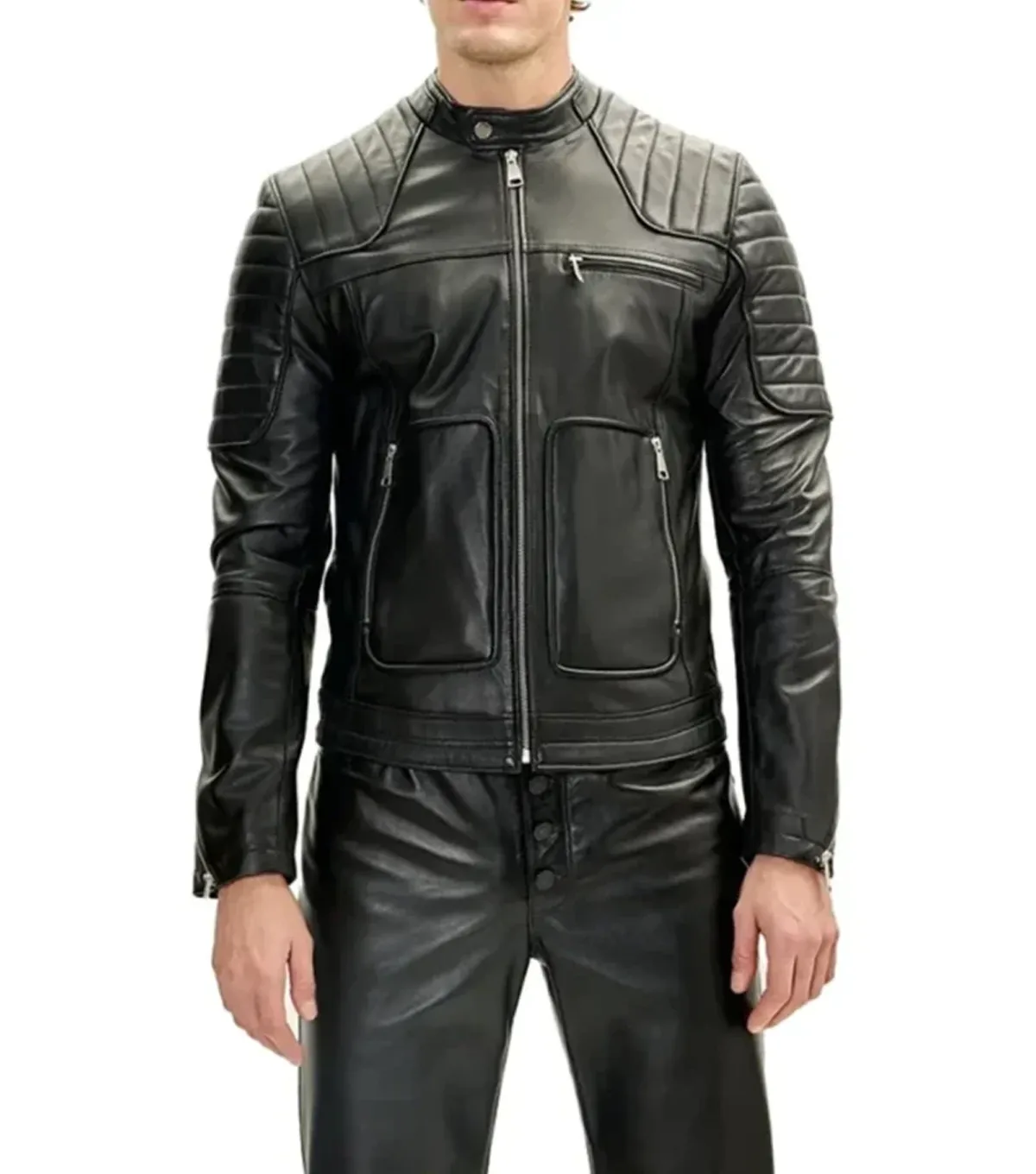 Black Cafe Racer Leather Jacket with Double Zipper Black Cafe Racer Leather Jacket with Double Zipper