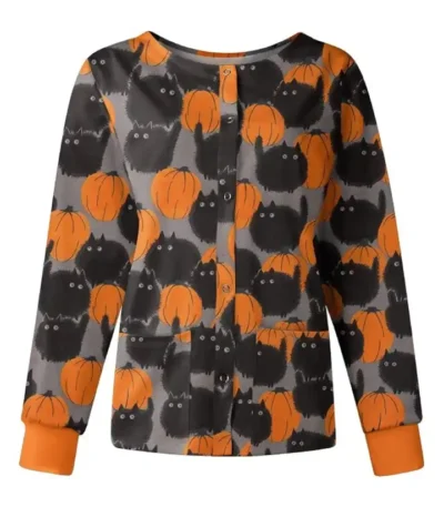 Black Cats with Pumpkin Halloween Scrub Jacket