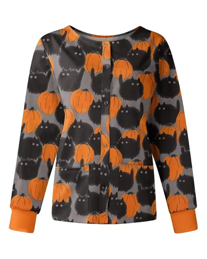 Black Cats with Pumpkin Halloween Scrub Jacket Black Cats with Pumpkin Halloween Scrub Jacket