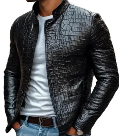 Black Crocodile Pattern Leather Jacket