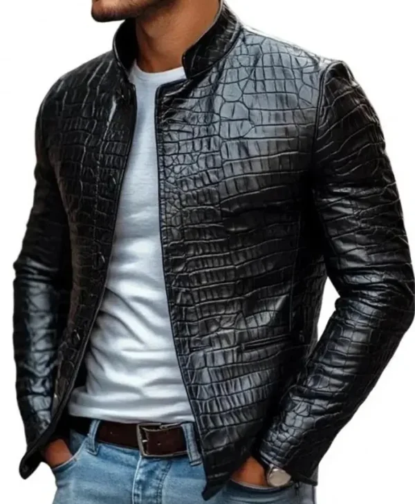 Black Crocodile Pattern Leather Jacket