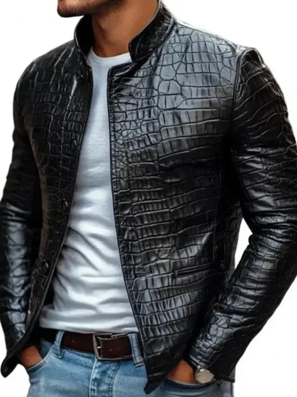 Black Crocodile Pattern Leather Jacket