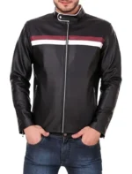 Black Leather Jacket with Racer Stripes