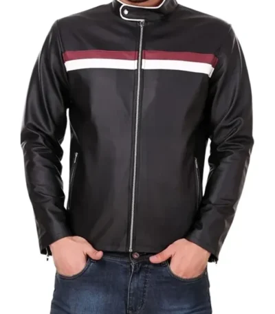 Black Leather Jacket with Racer Stripes