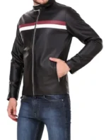 Black Leather Jacket with Racer Stripes