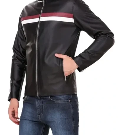 Black Leather Jacket with Racer Stripes