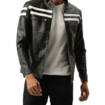 Black Leather Racer Jacket with Double White Lines