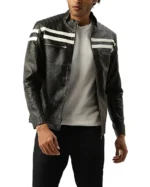 Black Leather Racer Jacket with Double White Lines