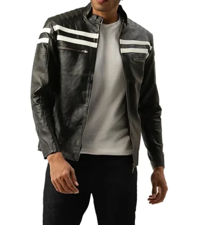 Black Leather Racer Jacket with Double White Lines