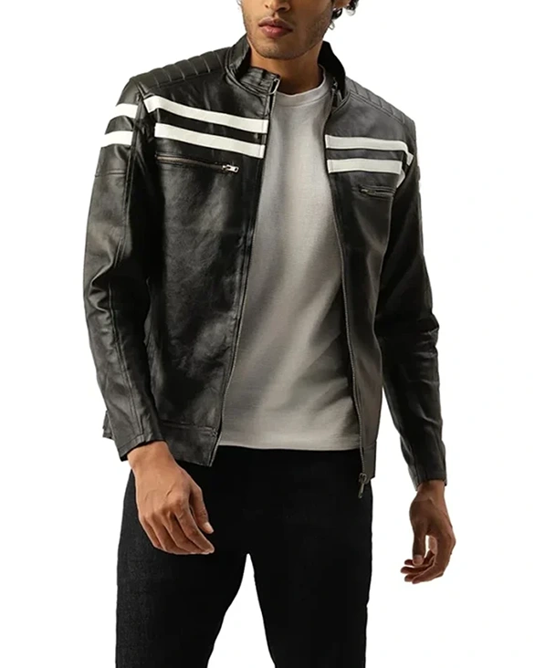 Black Leather Racer Jacket with Double White Lines Black Leather Racer Jacket with Double White Lines