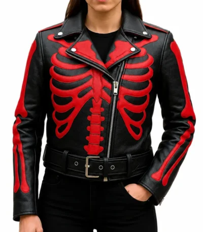 Black Leather Red Skeleton Bones Jacket