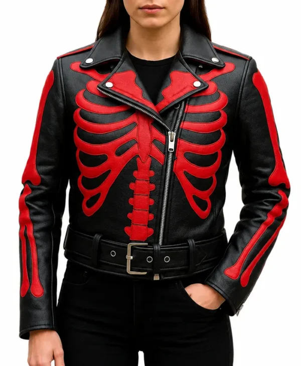 Black Leather Red Skeleton Bones Jacket