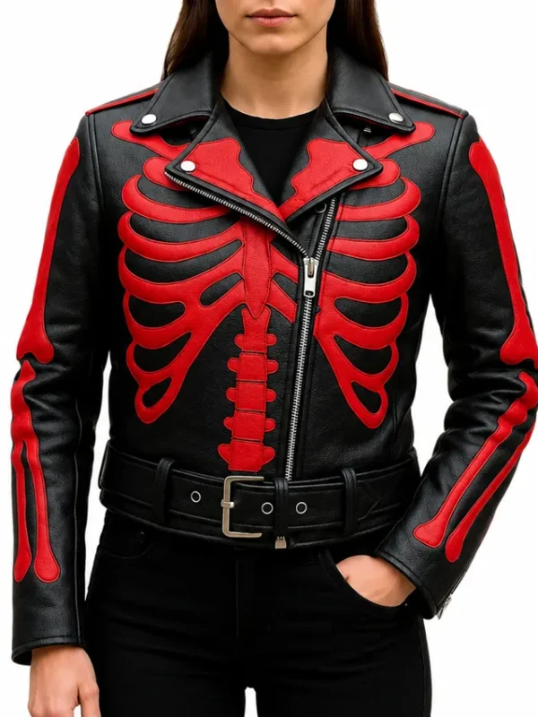 Black Leather Red Skeleton Bones Jacket