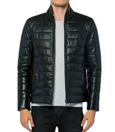 Black Quilted Leather Puffer Jacket