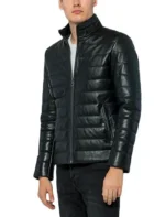 Black Quilted Leather Puffer Jacket