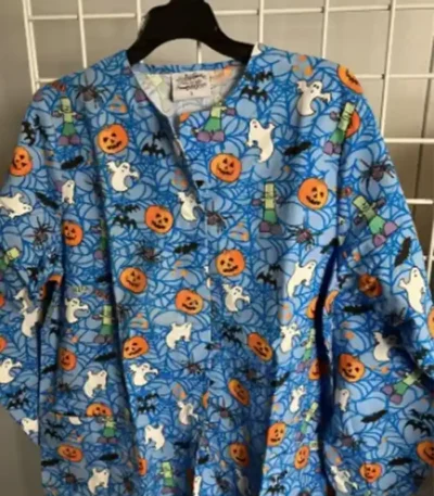 Blue Spiders Pumpwebs Halloween Scrub Jacket