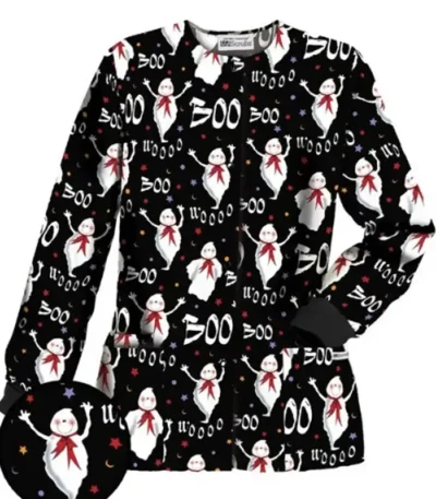 Boo Wooo Black Halloween Scrub Jacket